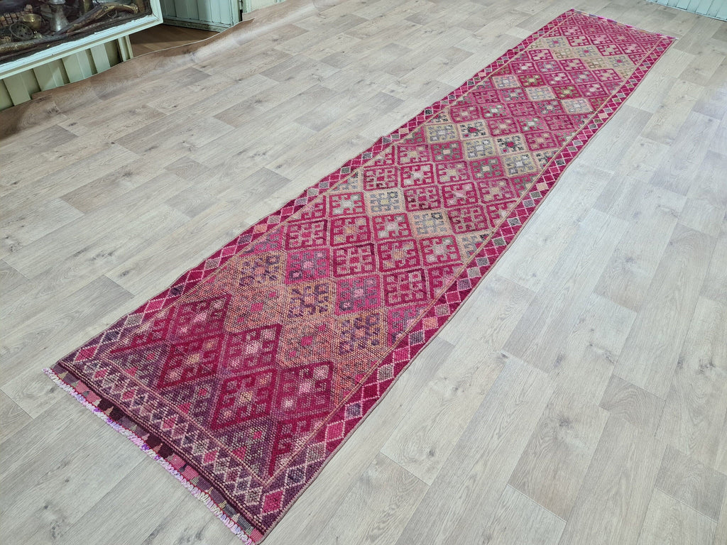 Purple Oushak Runner Rug: Hand-Knotted Wool, Vintage Turkish Design (2.75x14.4 ft)