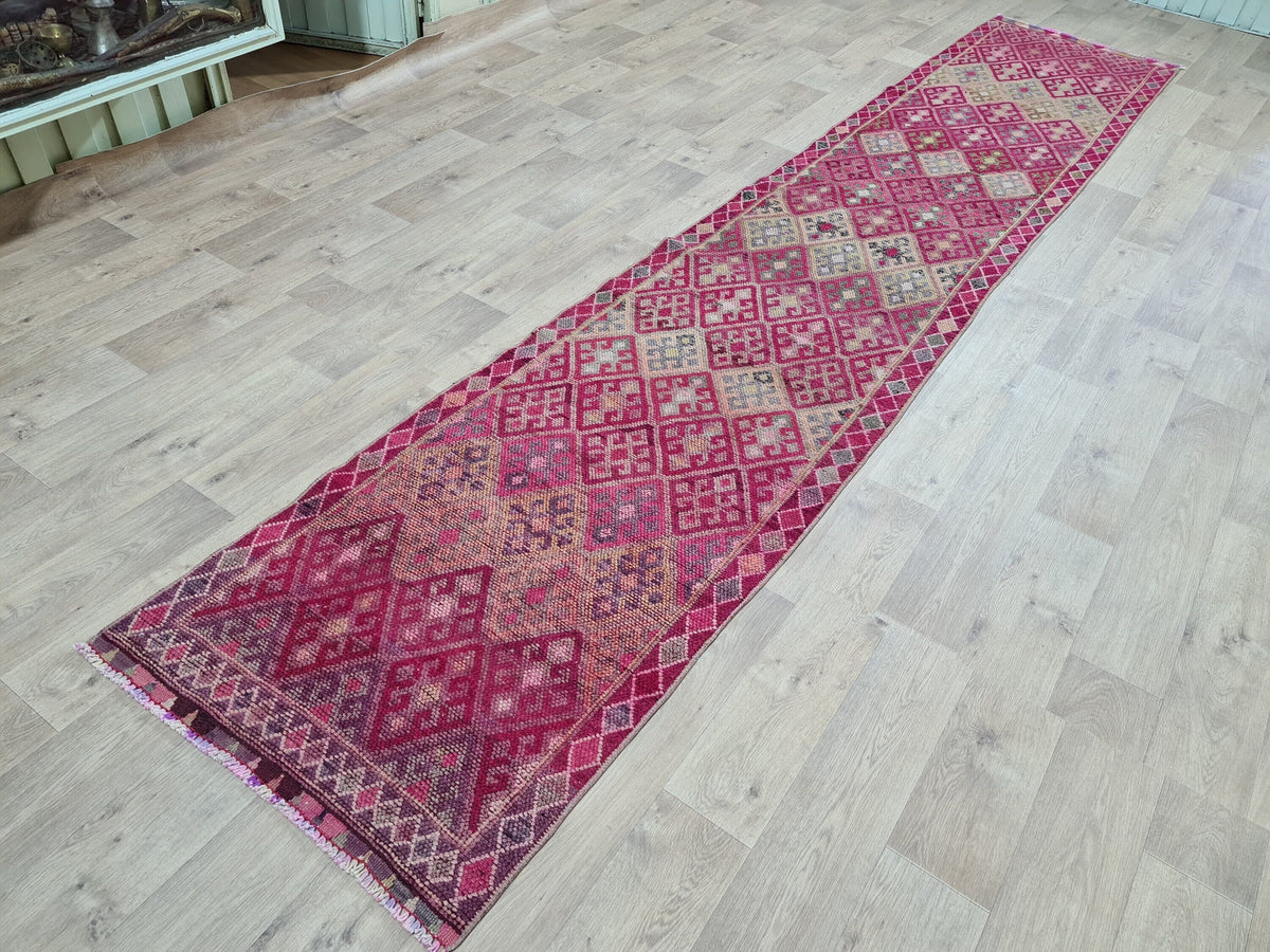 Purple Oushak Runner Rug: Hand-Knotted Wool, Vintage Turkish Design (2.75x14.4 ft)