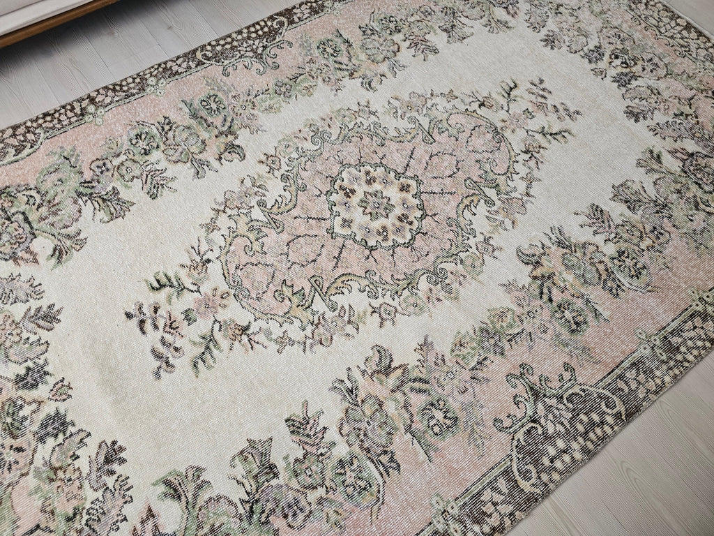 6x10 Vintage Turkish Oushak Rug: Hand-Knotted Wool Area Rug Pink Cream Brown Wool Rug for Diningroom and Office