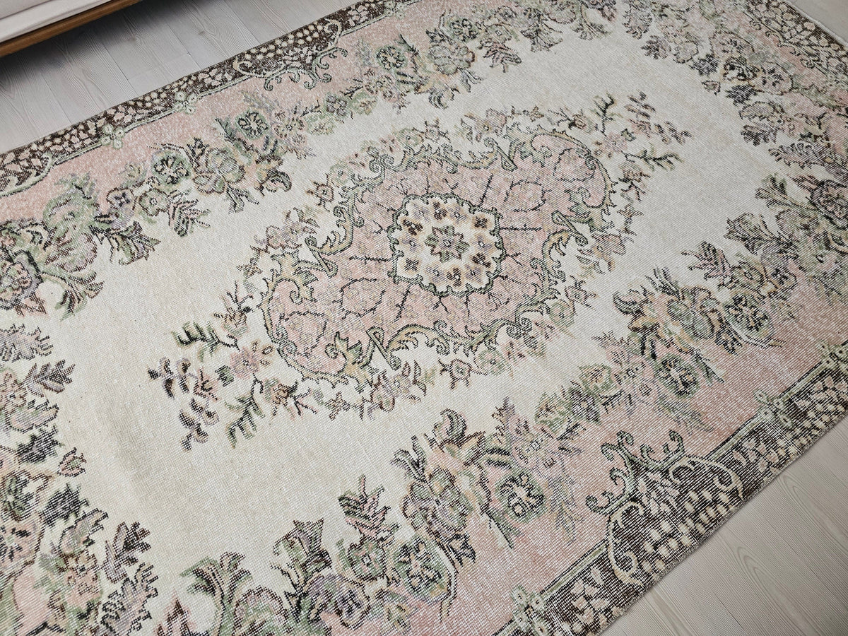 6x10 Vintage Turkish Oushak Rug: Hand-Knotted Wool Area Rug Pink Cream Brown Wool Rug for Diningroom and Office