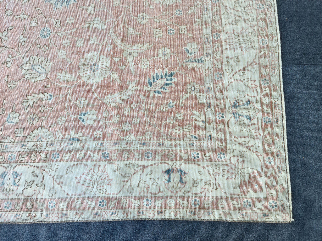 Muted Oushak Pink Rug: 6.85x9.85 ft, Handmade Vintage Turkish Floral Wool Carpet
