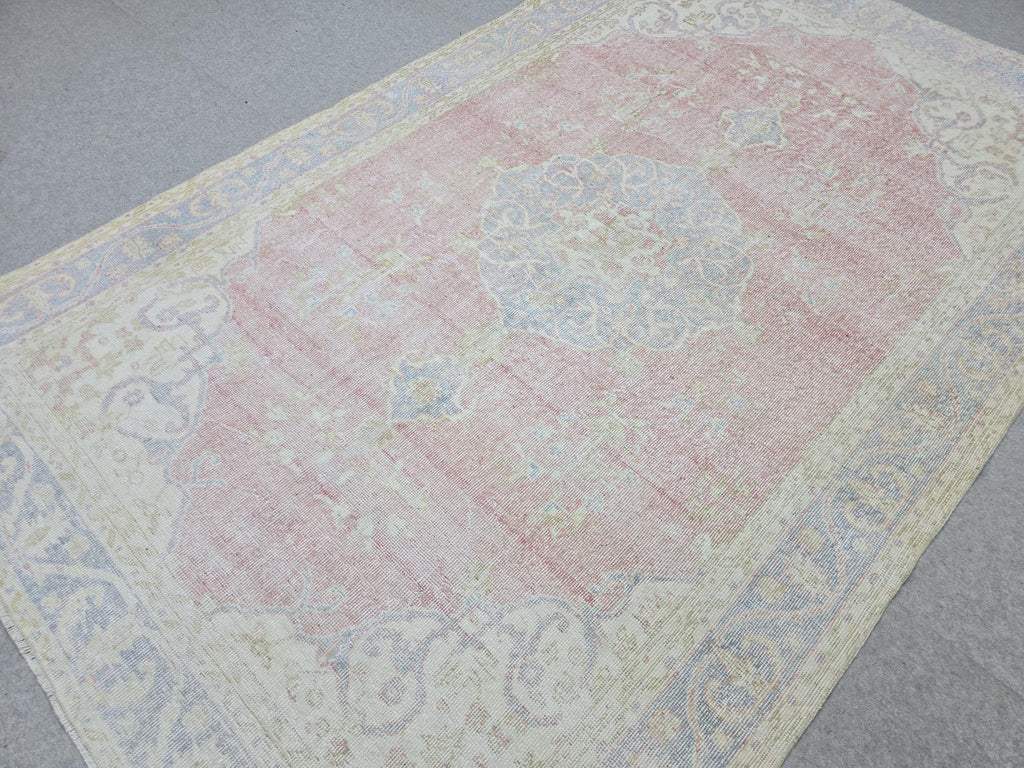 Vintage Anatolian Style Wool Rug 6x9, Pink Blue Medallion