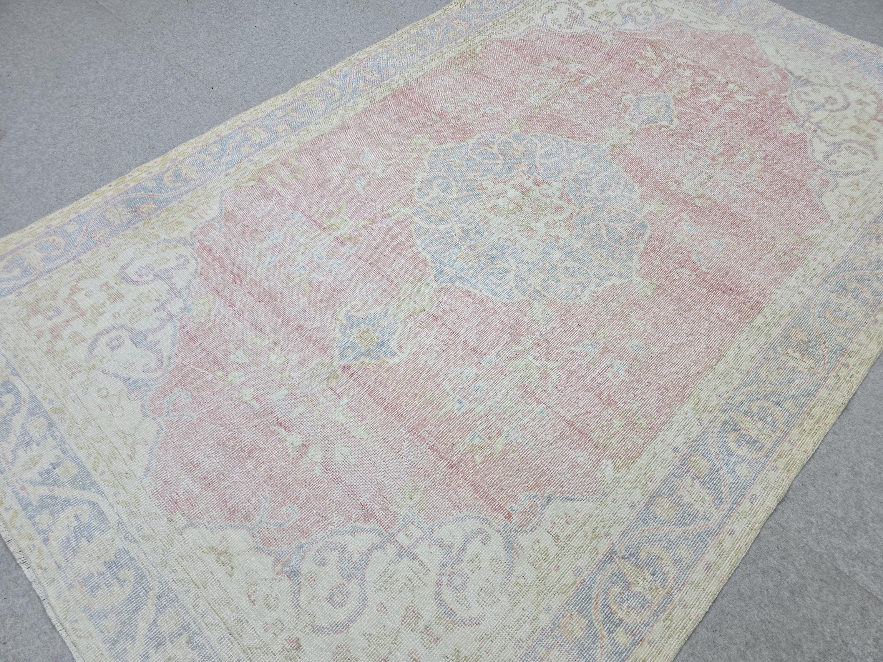 Vintage Anatolian Style Wool Rug 6x9, Pink Blue Medallion
