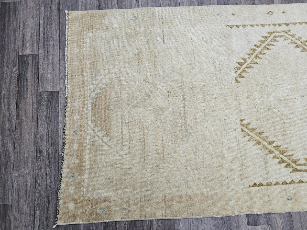 Wide Neutral Turkish Runner Beige Brown Geometric Pale Oushak Runner Handmade //3.40x12.15 feet