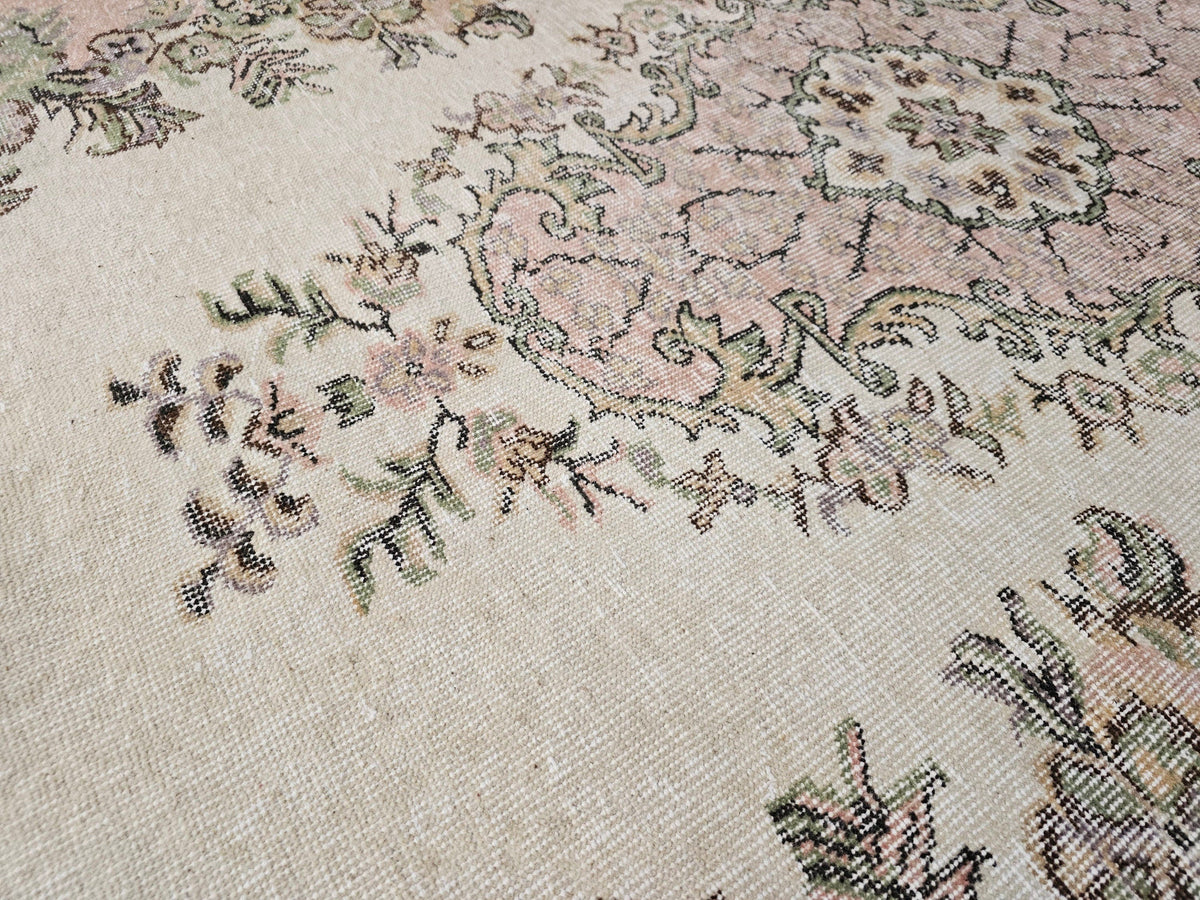6x10 Vintage Turkish Oushak Rug: Hand-Knotted Wool Area Rug Pink Cream Brown Wool Rug for Diningroom and Office