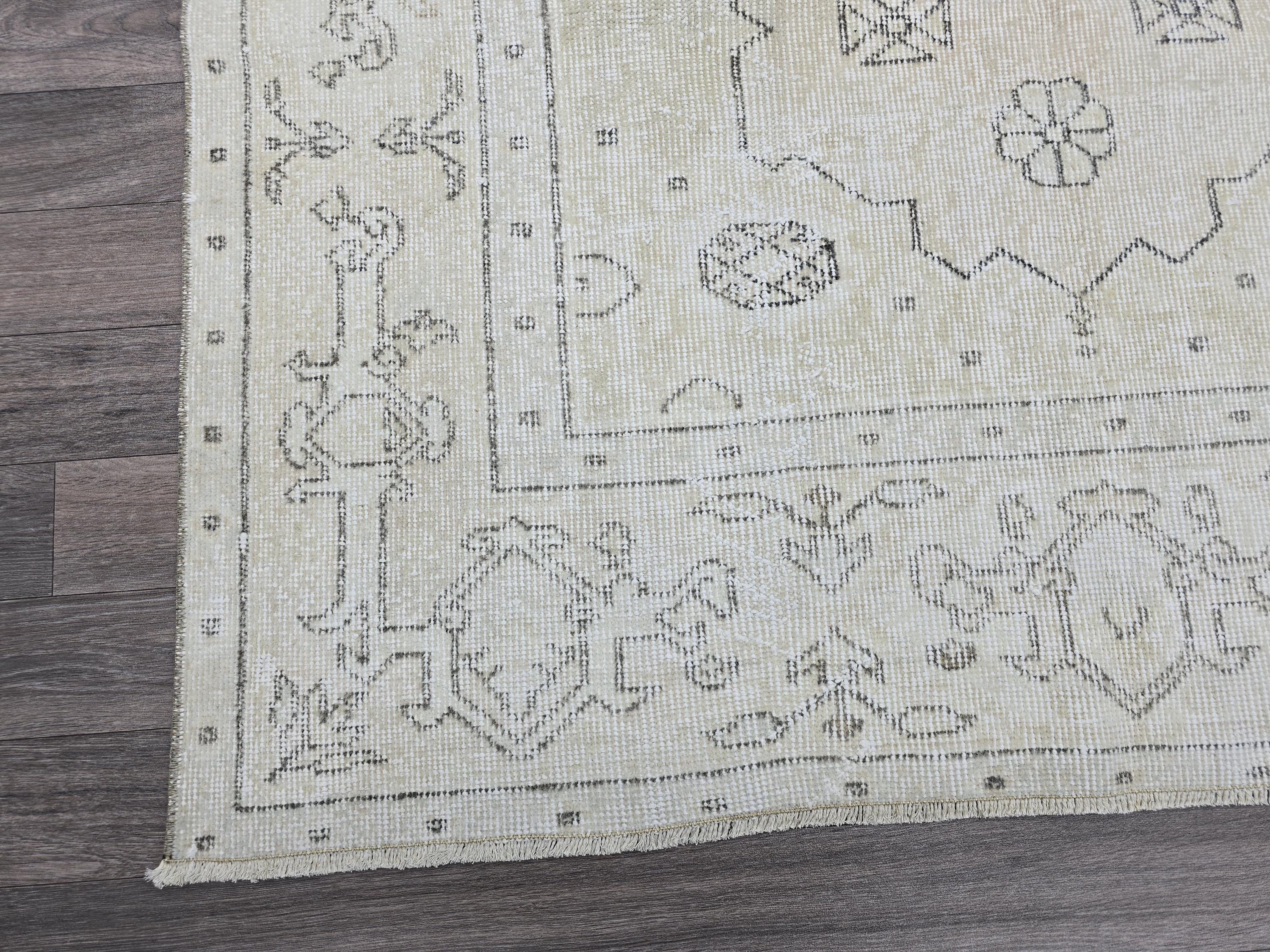4x7 Oushak Rug - Neutral Vintage Turkish Rug: 4.3x7.7ft Hand-Knotted Wool Rug