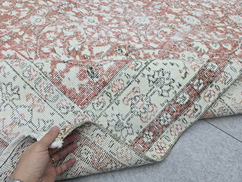 Hand Knotted Oushak Rug: 7x10 ft. Faded Muted terracotta red  Anatolian Carpet