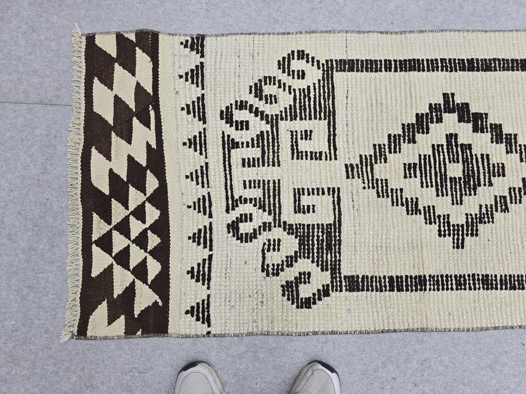 Vintage Rug Runner 2x11, Ivory Black Tribal Hand Knotted Wool Hallway Runner, Anatolian Geometric Boho Stair Runner