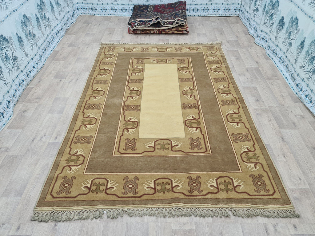 Handmade Oushak Rug 6x9: Modern  Area Carpet  Milas Design, Soft Neutral Colors