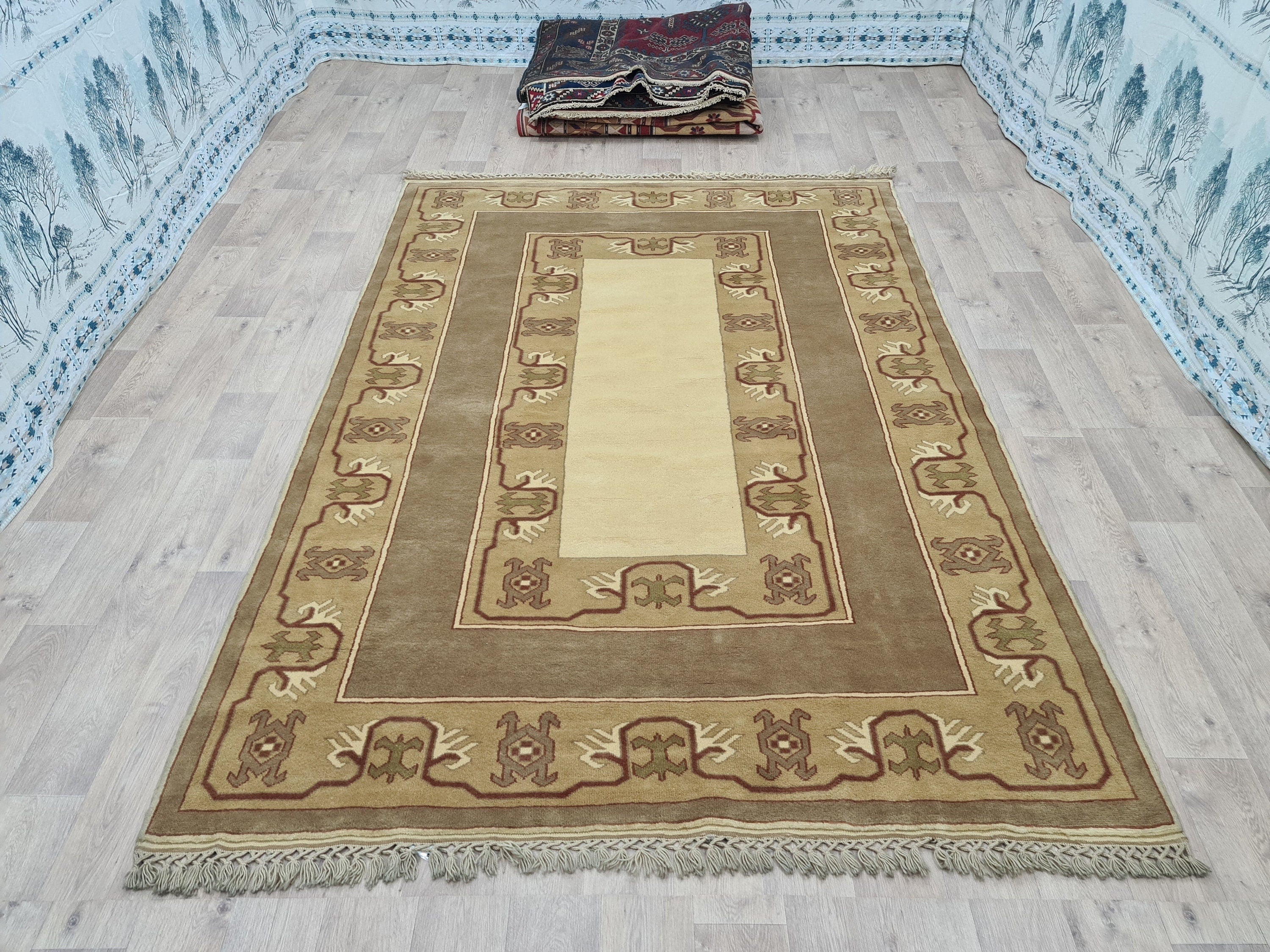 Handmade Oushak Rug 6x9: Modern  Area Carpet  Milas Design, Soft Neutral Colors