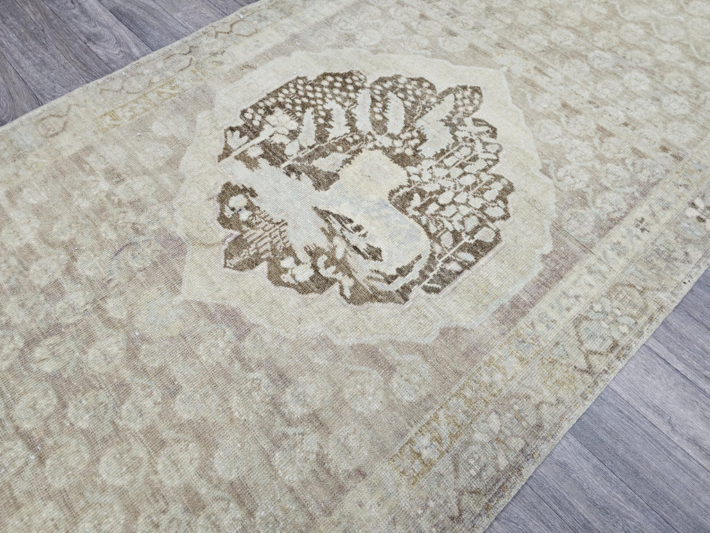 Neutral Oushak Runner Rug: Wide Long Turkish Vintage Wool Runner (3.60 X 12.75 feet)