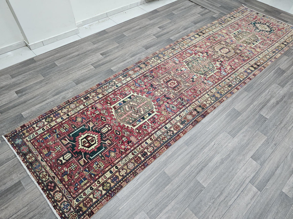 Vintage Heriz Wool Runner Rug: 3.5x13 Pastel Rustic Decor
