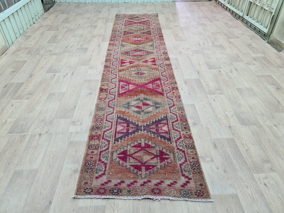 Hand Knotted Herki Runner Rug: Muted Colorful Vintage Stair Runner (2.9x13 ft)