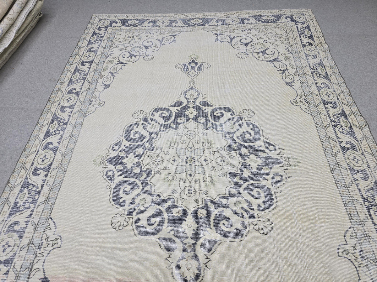 Turkish Rug 7x11, Vintage Navy Blue Cream Medallion Area Rug, Handknotted Oushak Style Carpet for Living Room Boho Decor