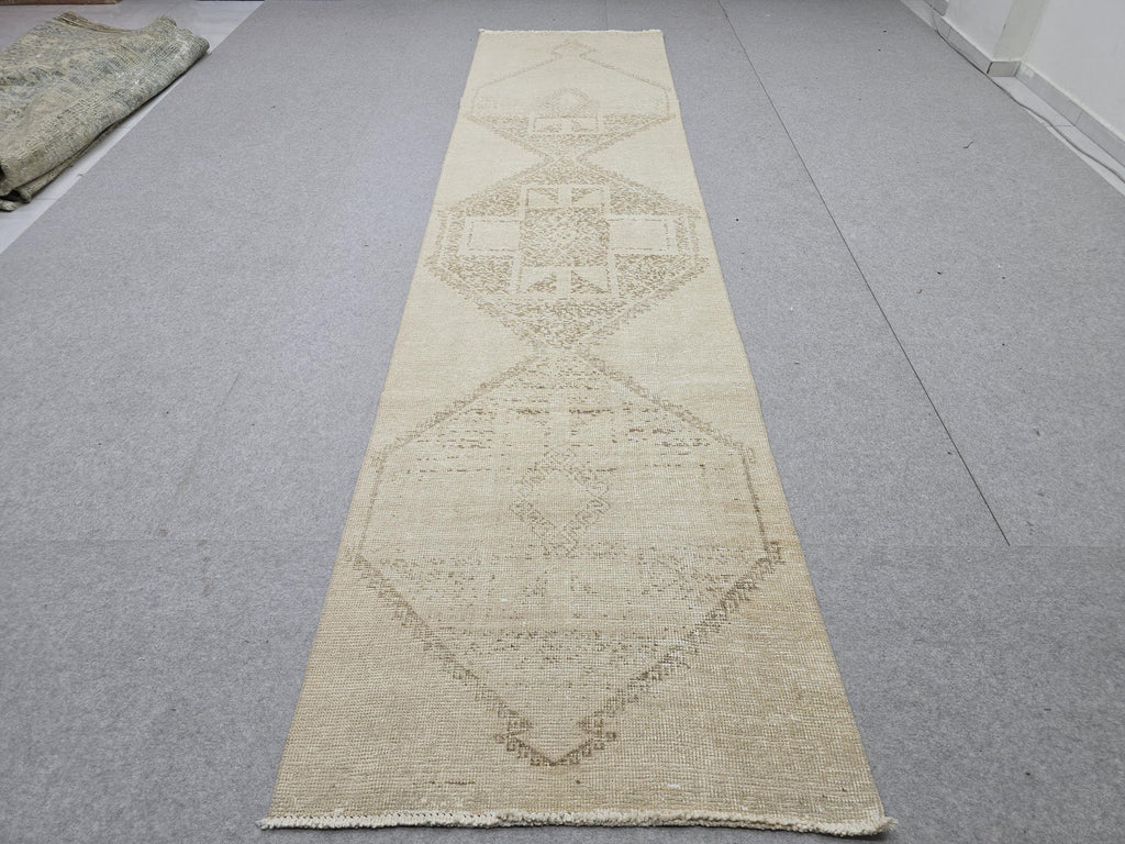 3x12 Turkish Runner - Vintage Oushak Runner Rug: 3x12.25 ft, Neutral Wool Carpet runner Rug