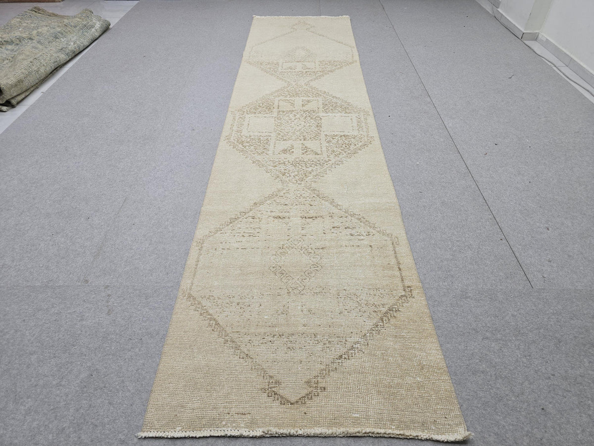3x12 Turkish Runner - Vintage Oushak Runner Rug: 3x12.25 ft, Neutral Wool Carpet runner Rug