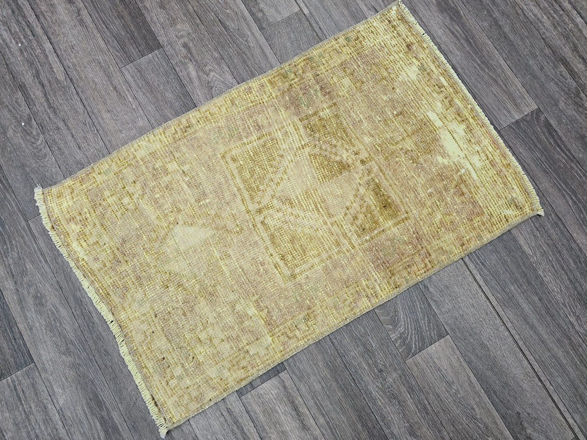 Hand Knotted Wool Bath Mat: 21x33 Neutral Vintage Turkish Oushak Rug