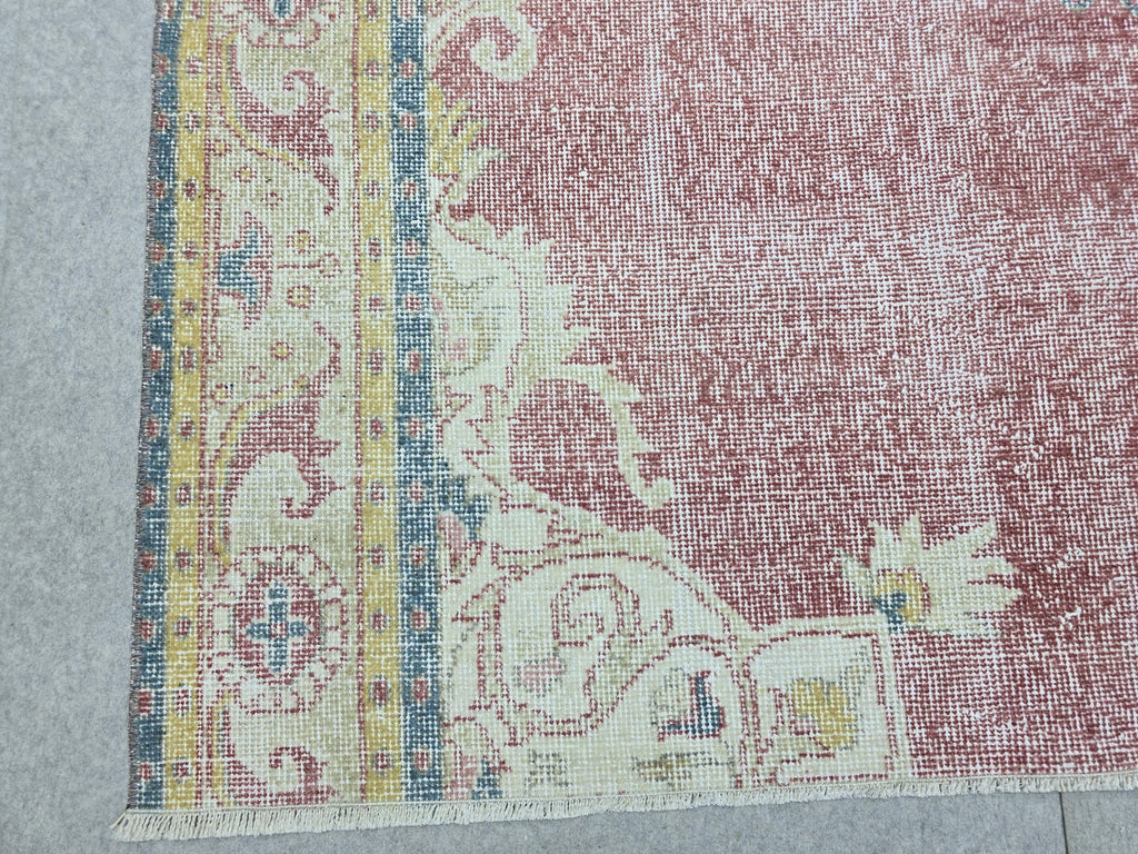 Turkish Rug 7x7, Vintage Pink Medallion Area Rug, Square Hand Knotted Wool Carpet for Living Room, Faded Rose Oushak Style