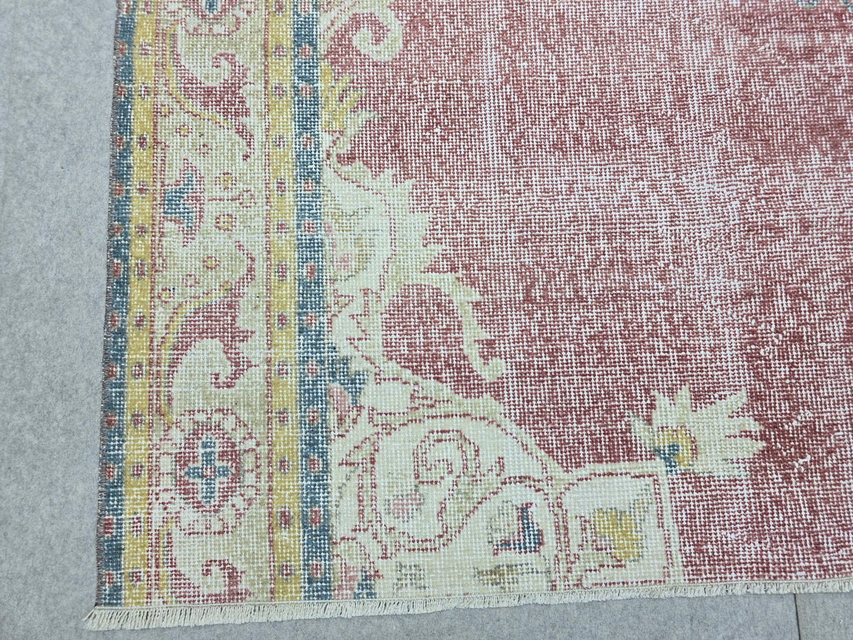 Turkish Rug 7x7, Vintage Pink Medallion Area Rug, Square Hand Knotted Wool Carpet for Living Room, Faded Rose Oushak Style