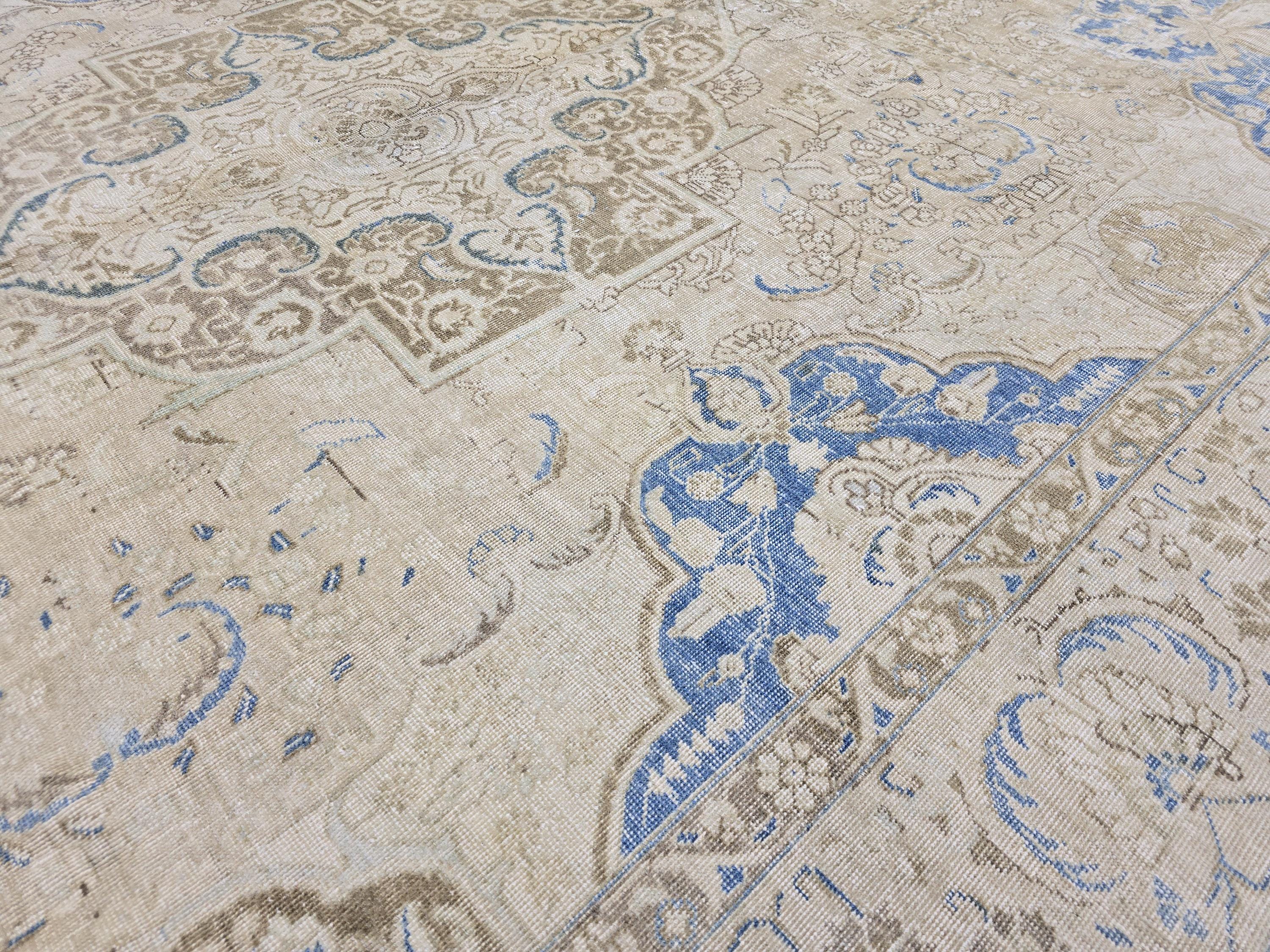 Oversized Vintage Turkish Rug 9x12: Hand-Knotted Distressed Beige Blue Rug