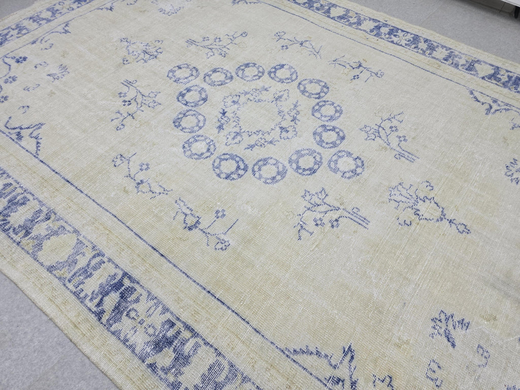8x11 ft Hand-Knotted Turkish Oushak Rug: Neutral Wool Saloon Carpet Beige Blue