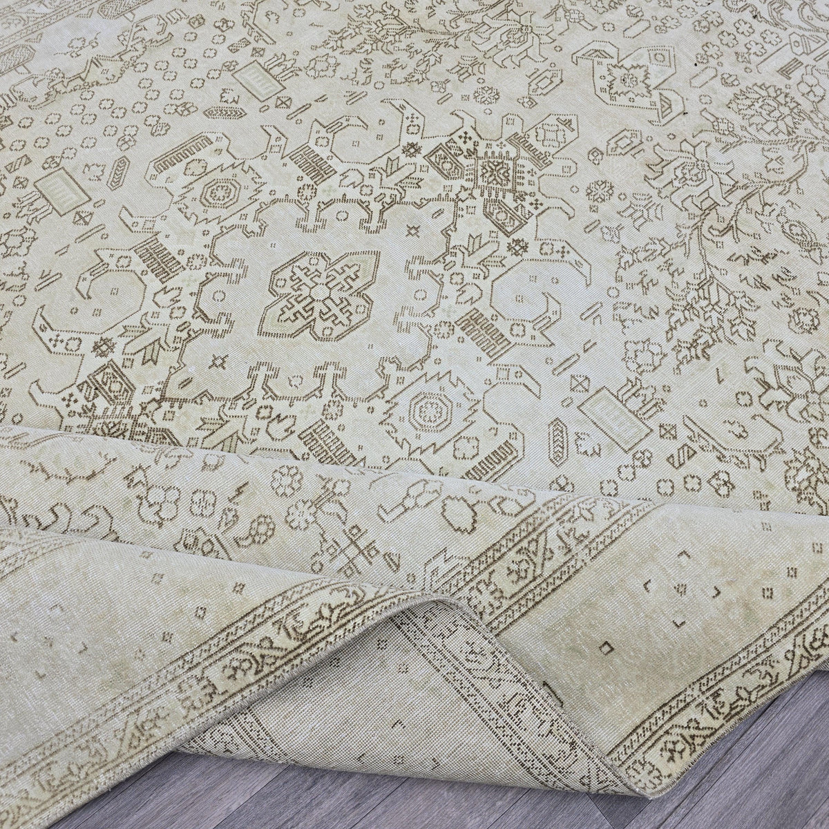 Oushak Rug 8x11: Vintage Turkish Wool Area Rug, Neutral Distressed Geometric