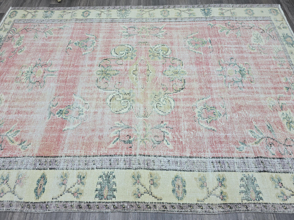 6x9 Vintage Turkish Oushak Rug: Pink Floral Wool Carpet