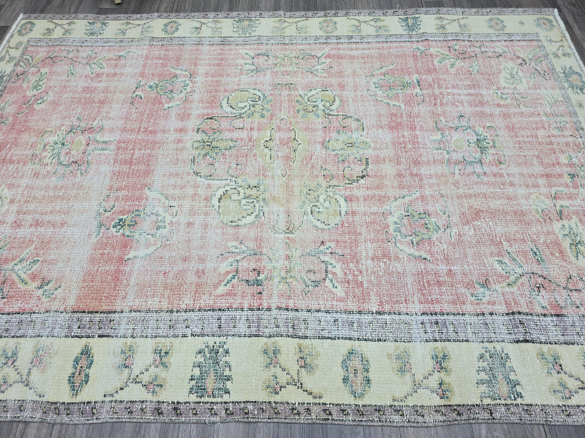 6x9 Vintage Turkish Oushak Rug: Pink Floral Wool Carpet
