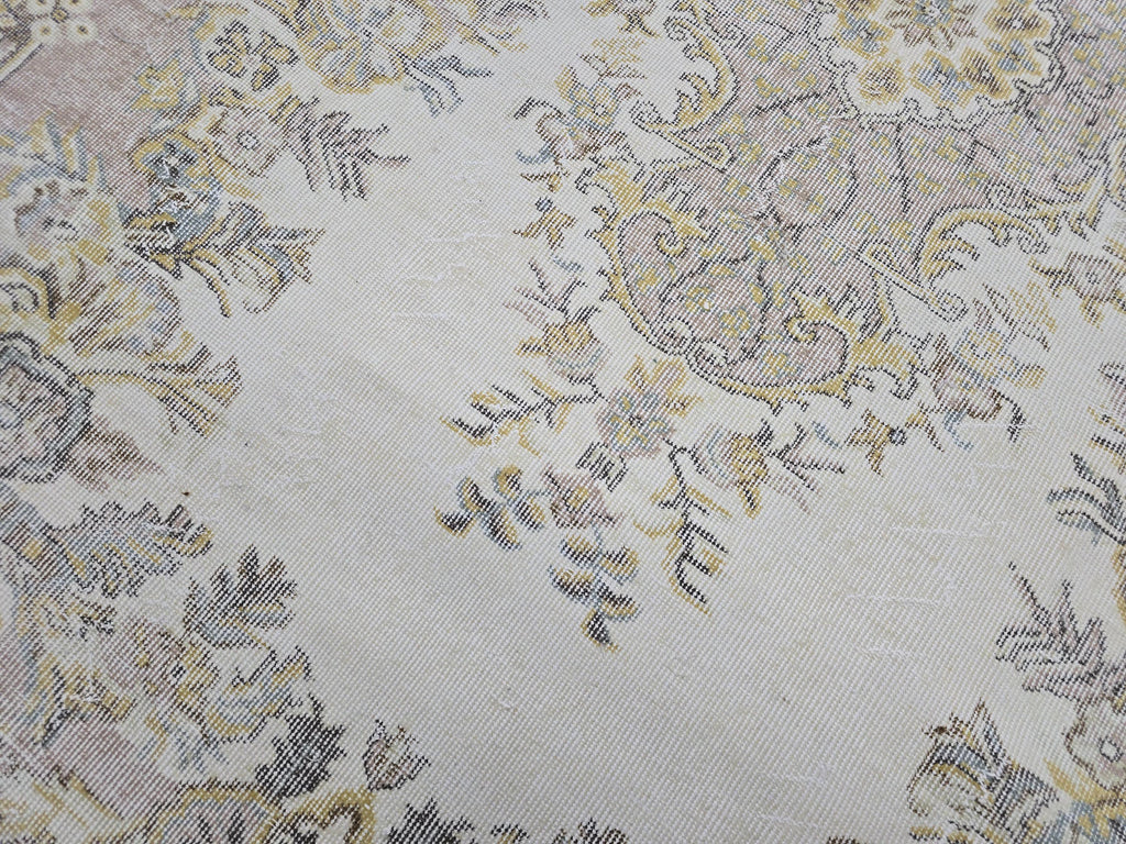 Hand Knotted Turkish Vintage Area Rug – 5.4x9 ft | Cream, Pink, Brown, Gold Accents