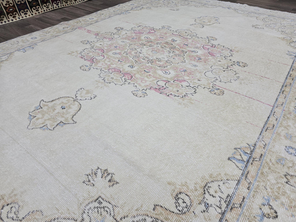 Turkish Rug 7x10 Vintage Cream Wool Area Rug Muted Pink Oushak Living Room Carpet