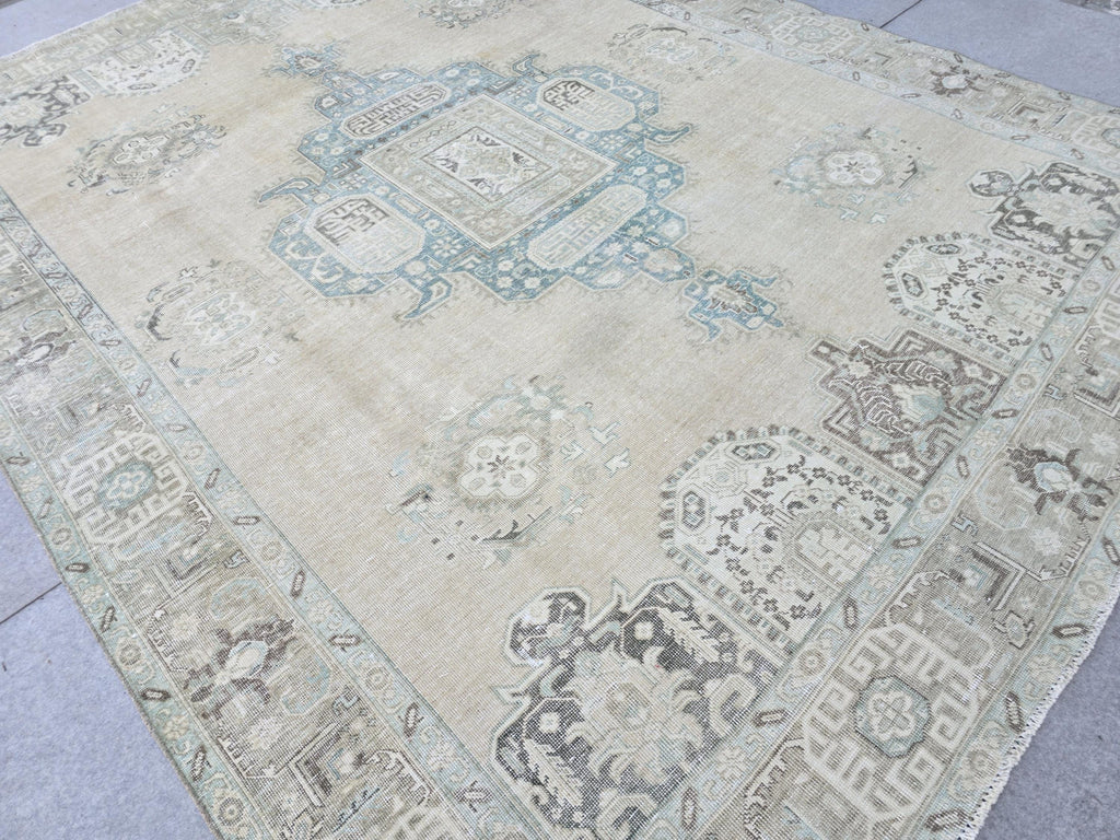 10x12 Turkish Rug Vintage Beige/Cream Blue Hand Knotted Oushak Area Carpet