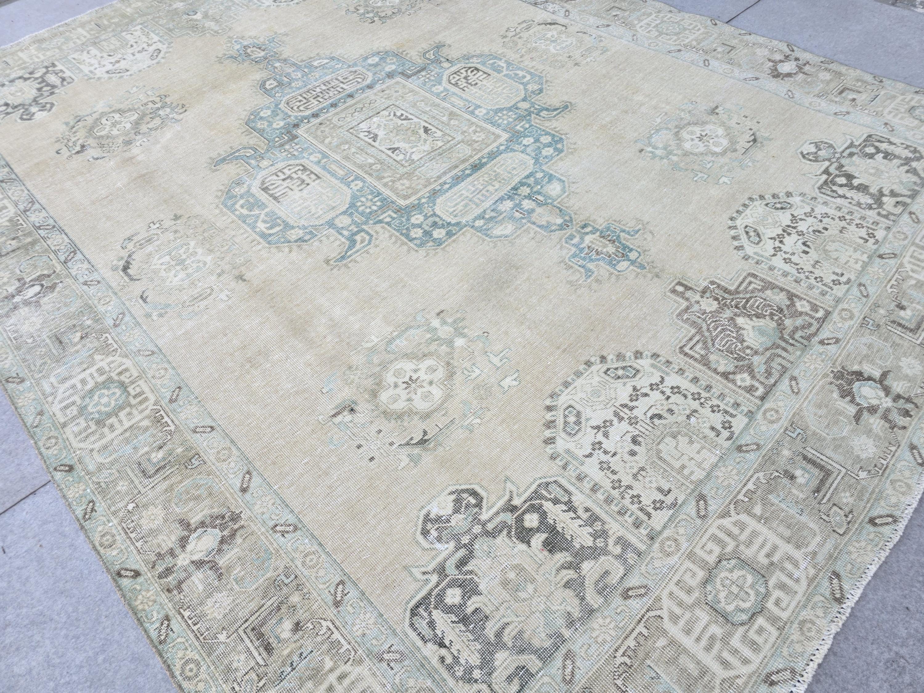 10x12 Turkish Rug Vintage Beige/Cream Blue Hand Knotted Oushak Area Carpet