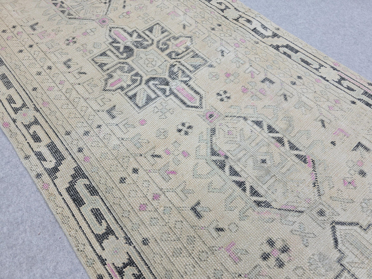 3x12 Vintage Runner Rug , Faded Pink Beige Turkish Wool Hallway Runner, Distressed Anatolian Tribal Medallion Corridor Rug, Boho Decor