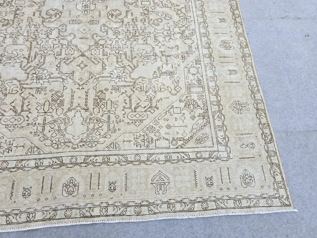 Oushak Rug 8x11, Antique Turkish Carpet, Ivory Brown Wool Rug, Hand Knotted Floral Area Rug, Neutral Dining Room Rug, Boho Decor Rug,