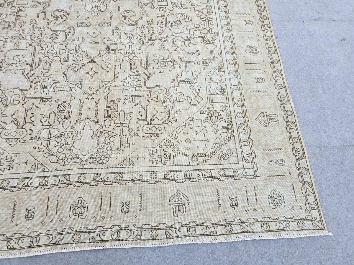 Oushak Rug 8x11, Antique Turkish Carpet, Ivory Brown Wool Rug, Hand Knotted Floral Area Rug, Neutral Dining Room Rug, Boho Decor Rug,