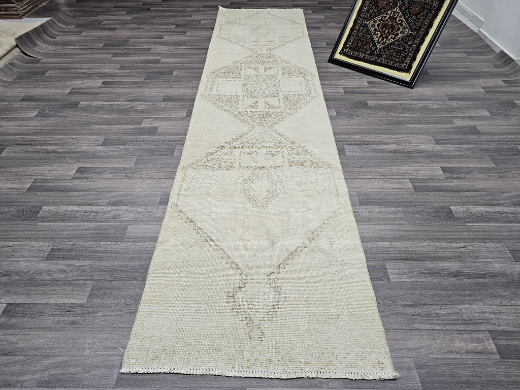 Vintage Oushak Runner Rug: 3x12.25 ft, Neutral Turkish Wool Rug