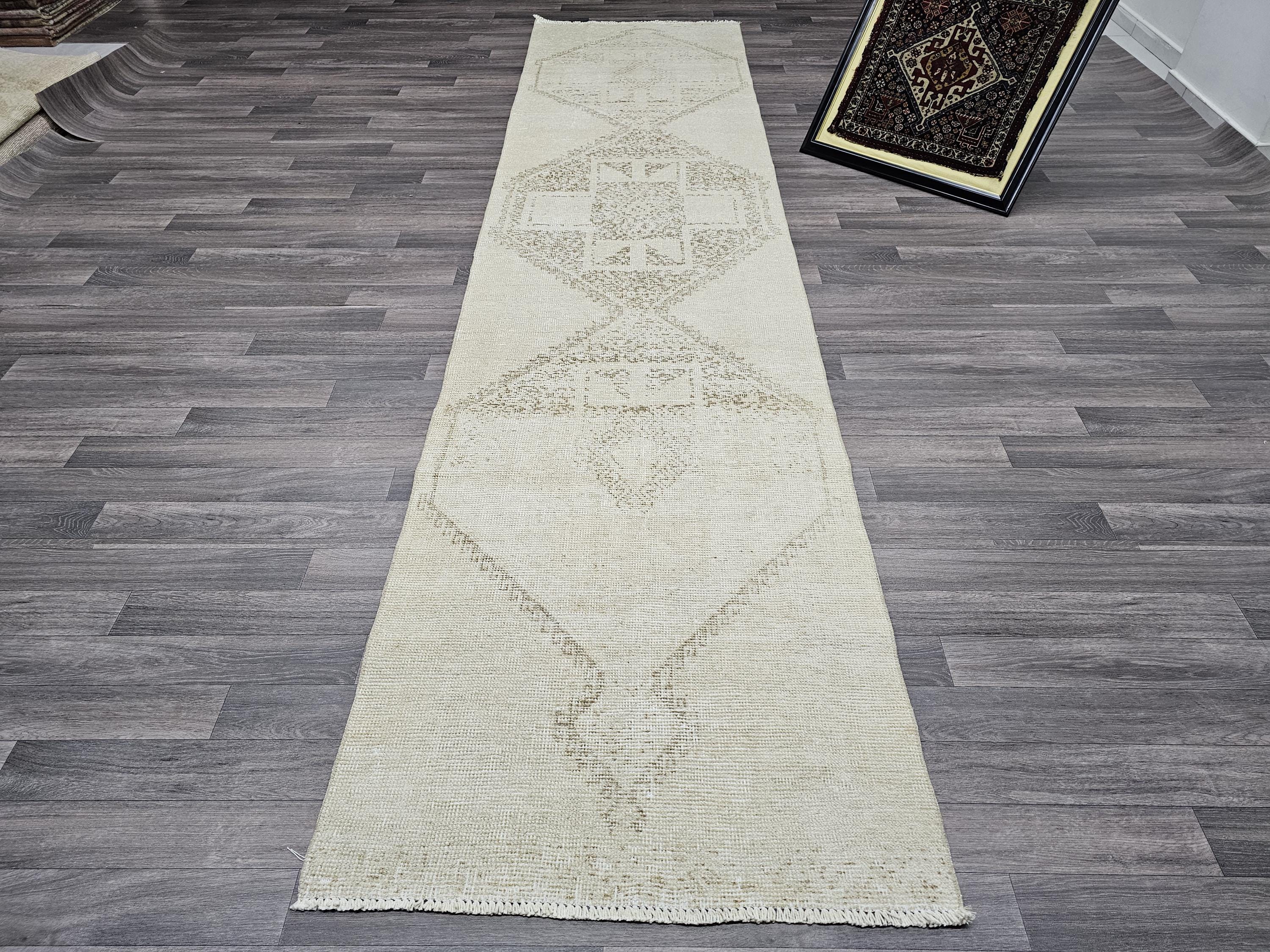 Vintage Oushak Runner Rug: 3x12.25 ft, Neutral Turkish Wool Rug