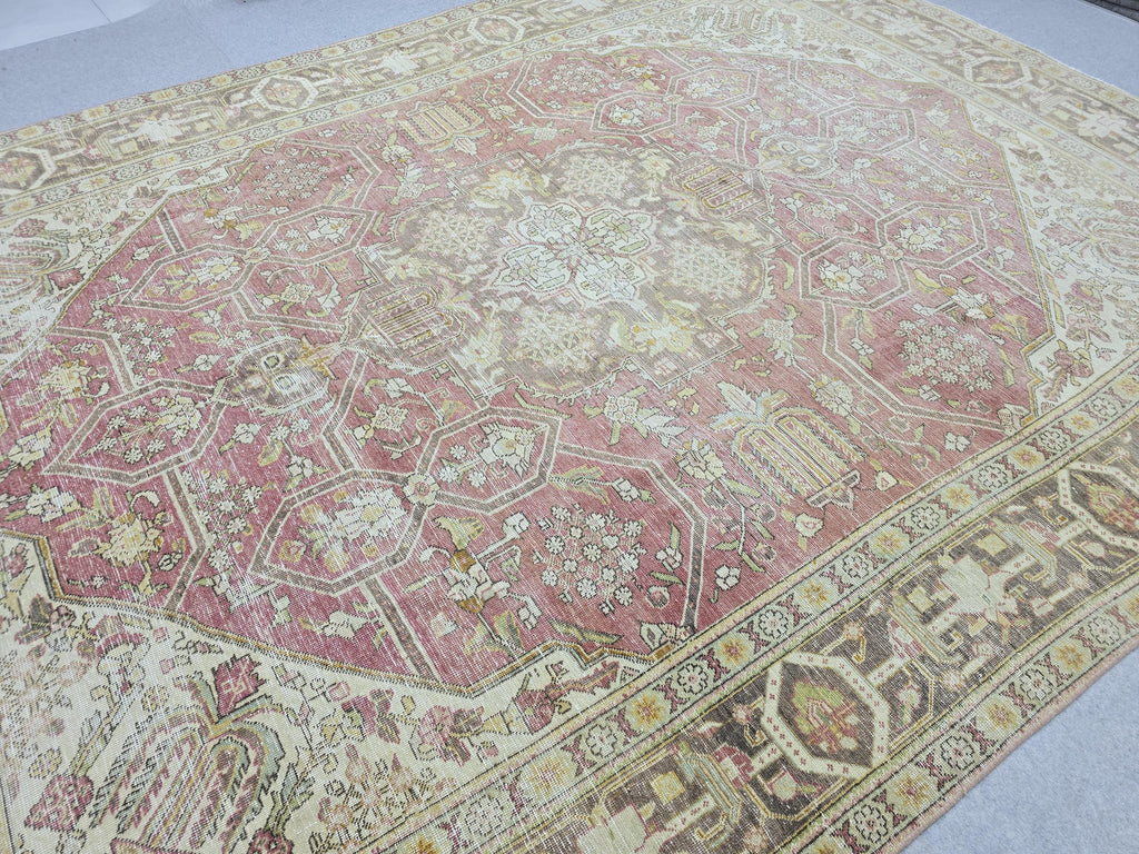 10x13 Vintage Turkish Wool Rug, Rose Pink Geometric Medallion, Distressed Area Carpet