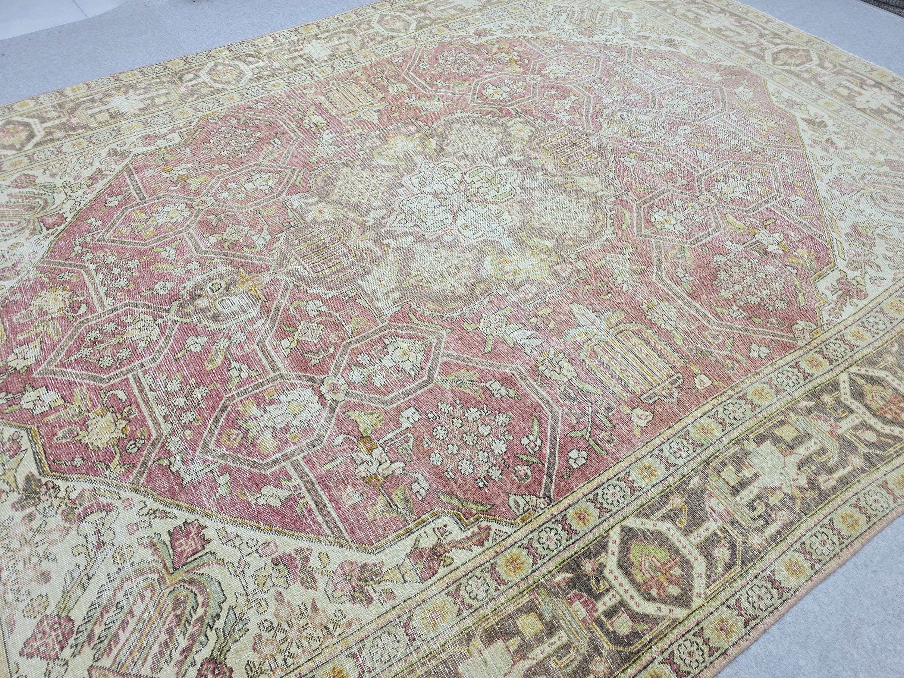 10x13 Vintage Turkish Wool Rug, Rose Pink Geometric Medallion, Distressed Area Carpet