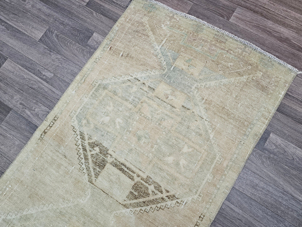 Vintage Turkish Oushak Wool Runner: Beige Brown Distressed Hallway Rug (3x11.6 ft)