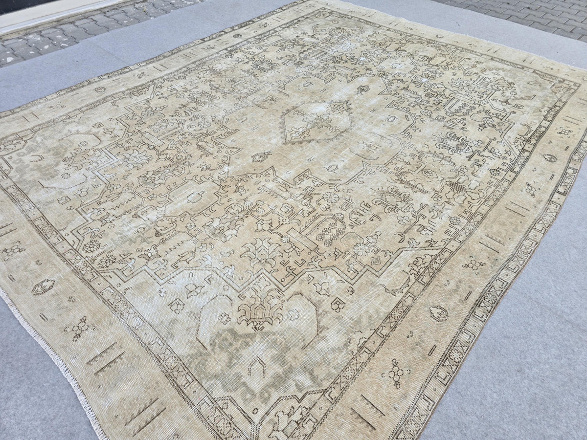 Turkish Rug 9x12 · Distressed Neutral Camel Beige Wool Area Rug · Faded Hand Knotted Vintage Oushak Carpet  · Living Room Boho Decor