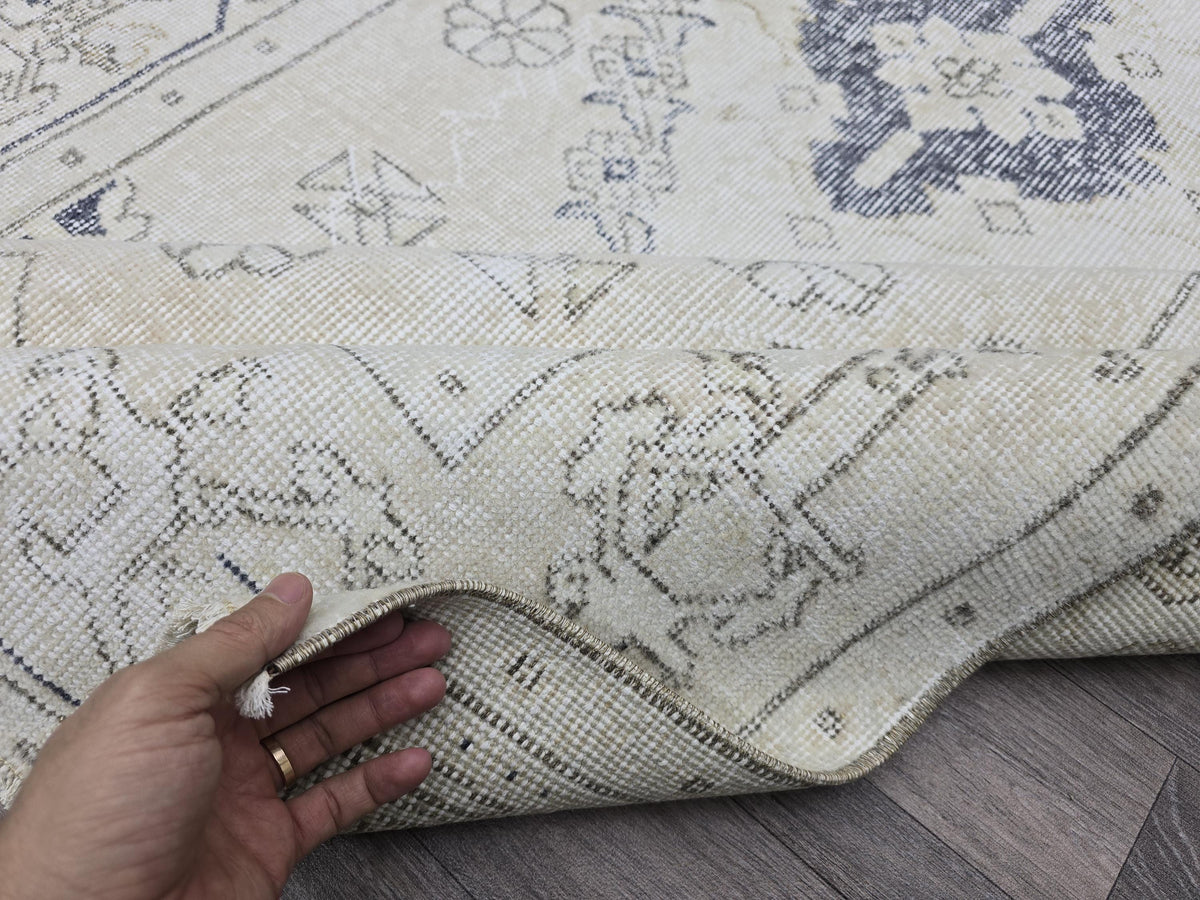 4x7 Oushak Rug - Neutral Vintage Turkish Rug: 4.3x7.7ft Hand-Knotted Wool Rug