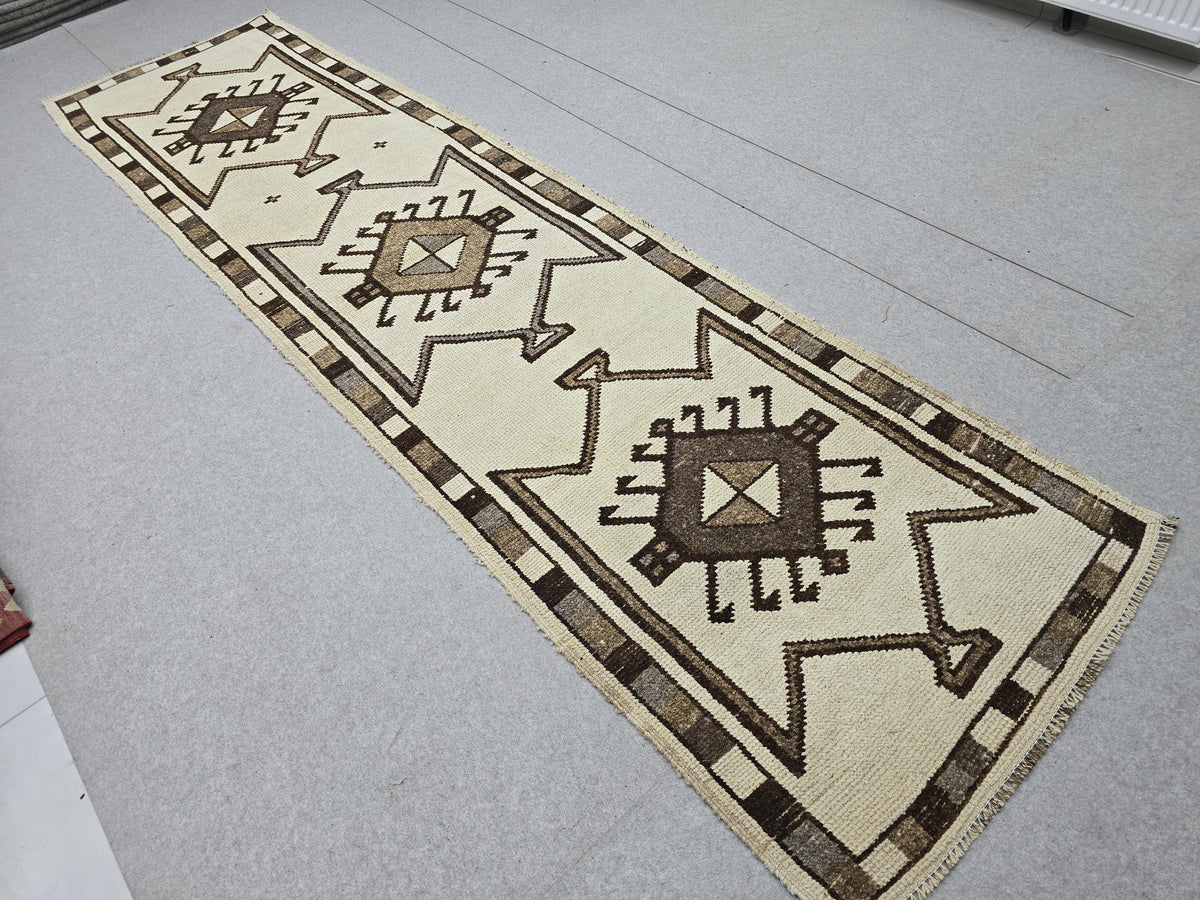 Turkish Rug 3x12 Runner, Hand Knotted Vintage Wool Hallway Runner, Neutral Ivory Brown Tribal Anatolian Stair Runner Boho Decor