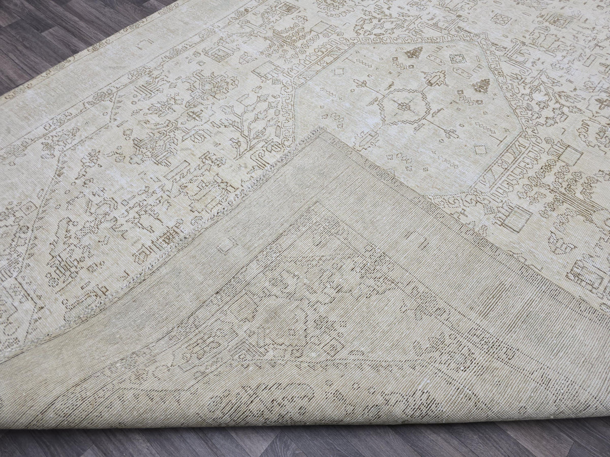 Oversize Neutral Oushak Rug: 9.25x12.8 ft Distressed Turkish Wool Carpet