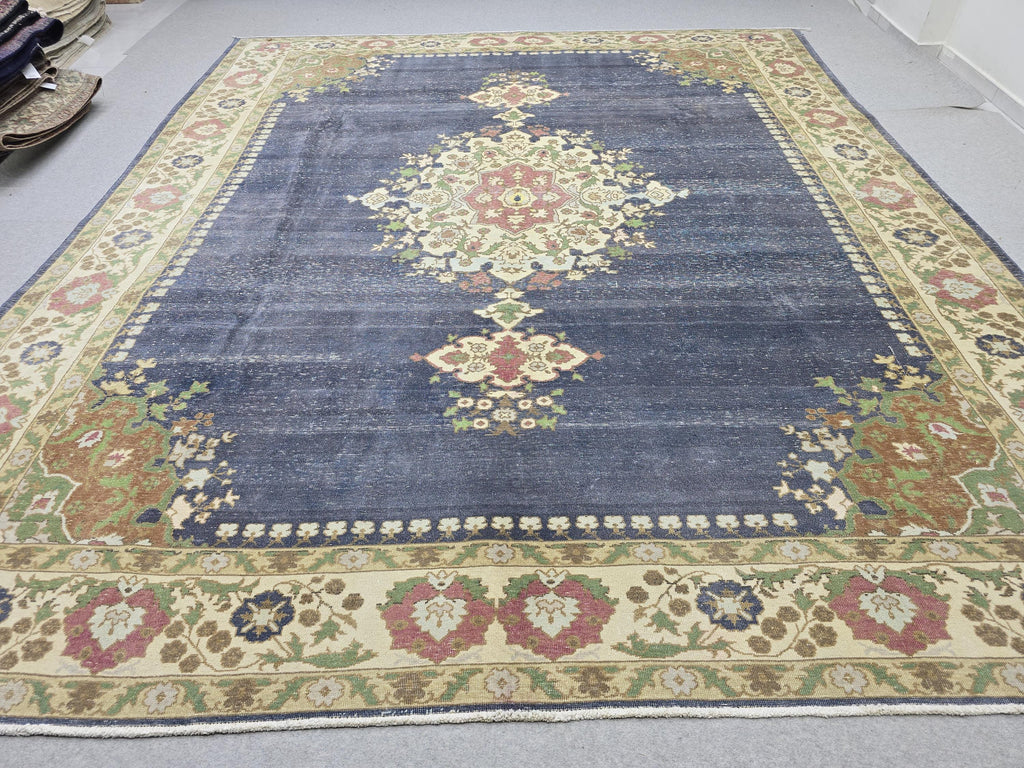 Vintage Turkish Hand-Knotted Wool Rug, Blue Medallion Distressed Area Carpet (10x12)