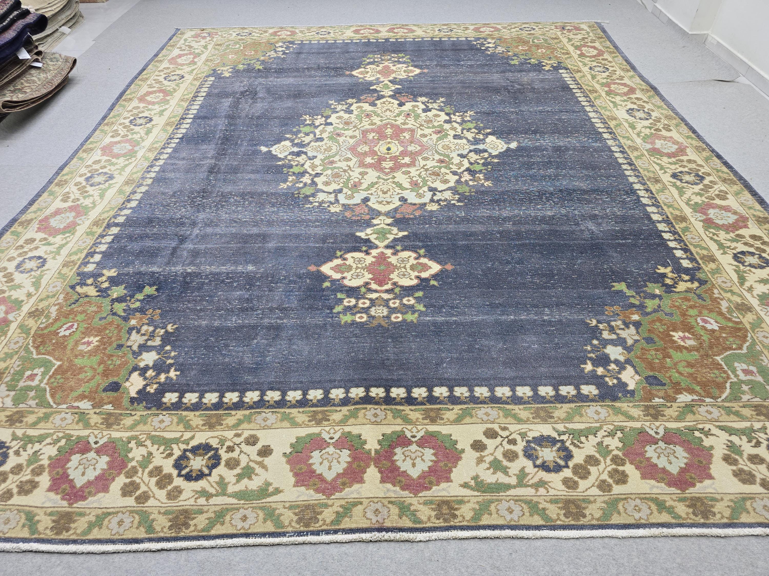 Vintage Turkish Hand-Knotted Wool Rug, Blue Medallion Distressed Area Carpet (10x12)