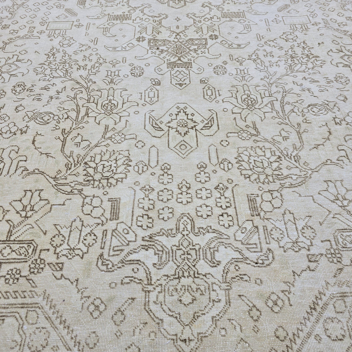 Oushak Rug 8x11: Vintage Turkish Wool Area Rug, Neutral Distressed Geometric