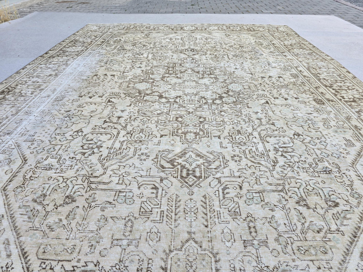 8x11 Vintage Turkish Rug, Neutral Beige Distressed Area Rug, Handwoven Large Rug