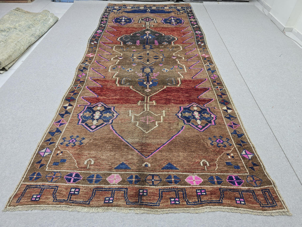 Turkish Oushak Rug 5x13, Vintage Wide Runner Rug, Hand Knotted Wool Kars Rug,  Anatolian Hallway Rug, Brown Red Boho Living Room Carpet