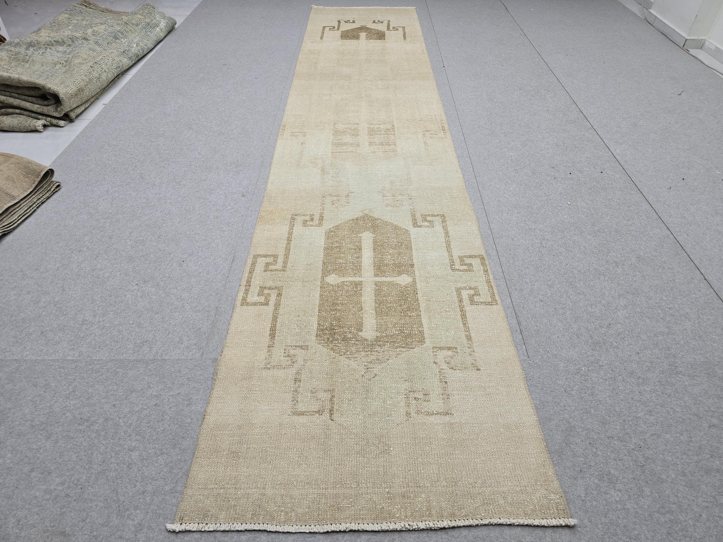 Oushak Rug 3x13, Minimalist Neutral Runner, Hand Knotted Wool Turkish Runner, Faded Oatmeal Hallway Rug, Vintage Boho Stair Carpet